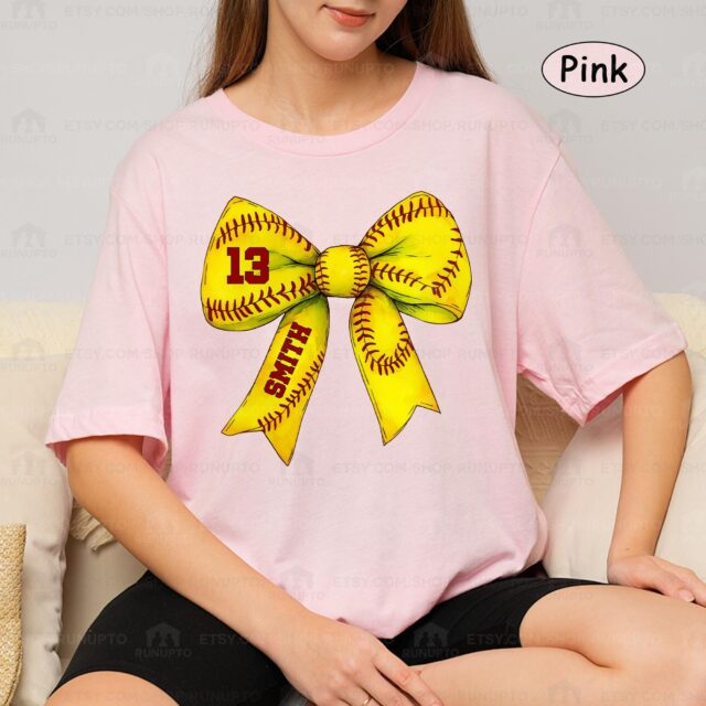 Softball Mom Shirt – Custom Name & Number Softball Bow Tee for Softball Season