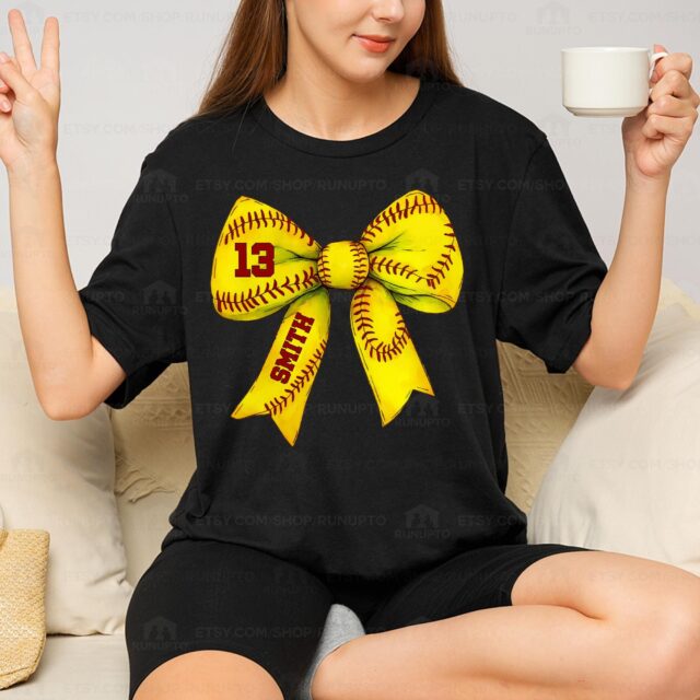 Softball Mom Shirt – Custom Name & Number Softball Bow Tee for Softball Season