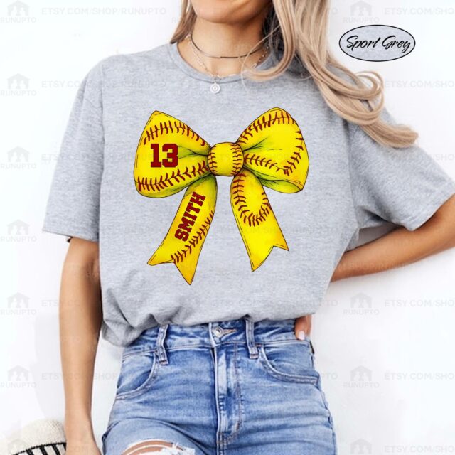 Softball Mom Shirt – Custom Name & Number Softball Bow Tee for Softball Season