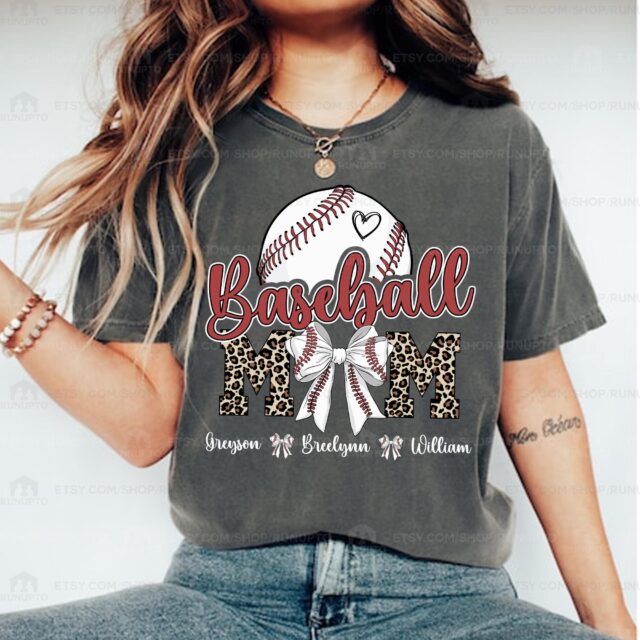 Baseball Mom Shirt – Custom Name & Number Baseball Bow Tee for Baseball Season