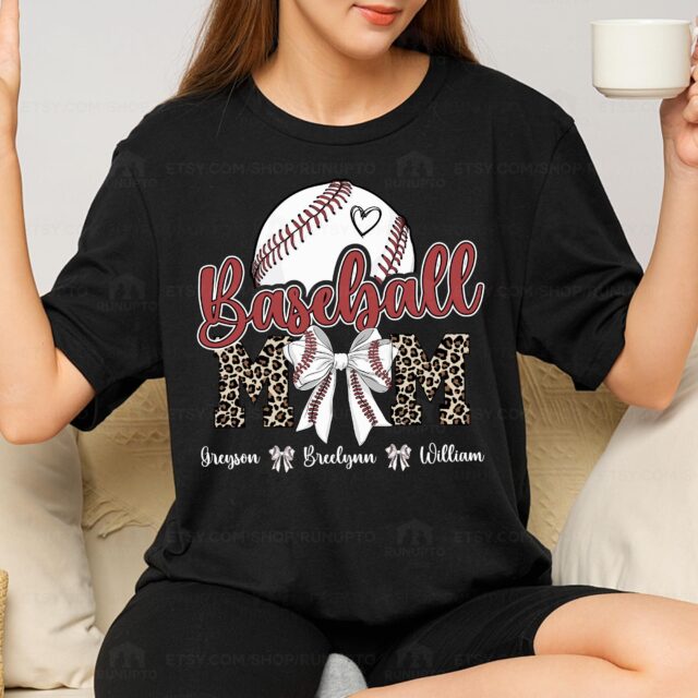 Baseball Mom Shirt – Custom Name & Number Baseball Bow Tee for Baseball Season