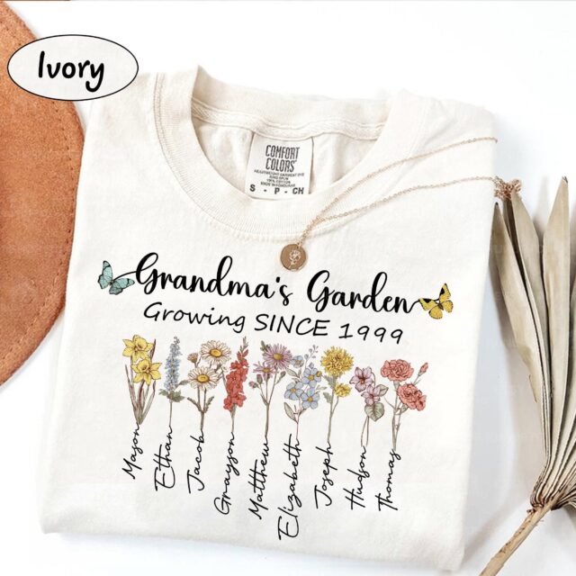 Grandma’s Garden Shirt – Custom Birth Month Flowers & Grandkids’ Names for Mother’s Day