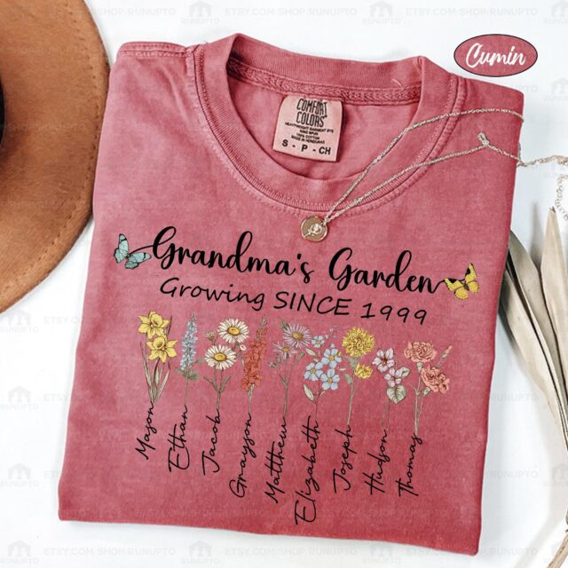 Grandma’s Garden Shirt – Custom Birth Month Flowers & Grandkids’ Names for Mother’s Day