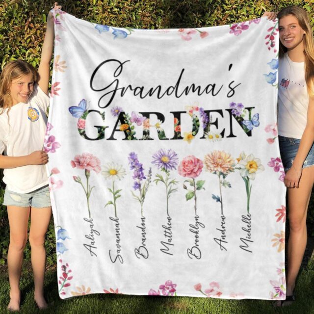 Personalized Grandma’s Garden Blanket – Custom Birth Month Flowers & Grandkids’ Names for Mother’s Day