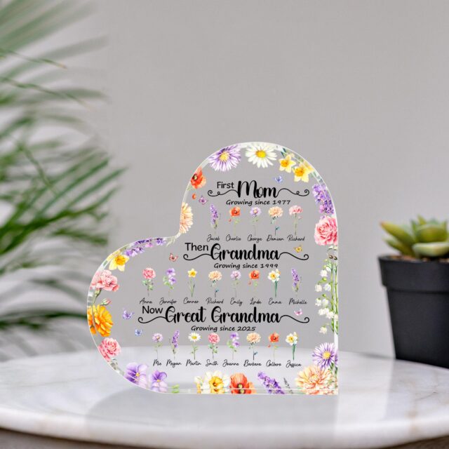 Custom Birth Month Flowers Heart Acrylic Plaque for Great Grandmother – Mother’s Day Gift