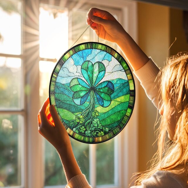 Shamrock Stained Glass Suncatcher – St. Patrick’s Day Decoration & Irish Gift