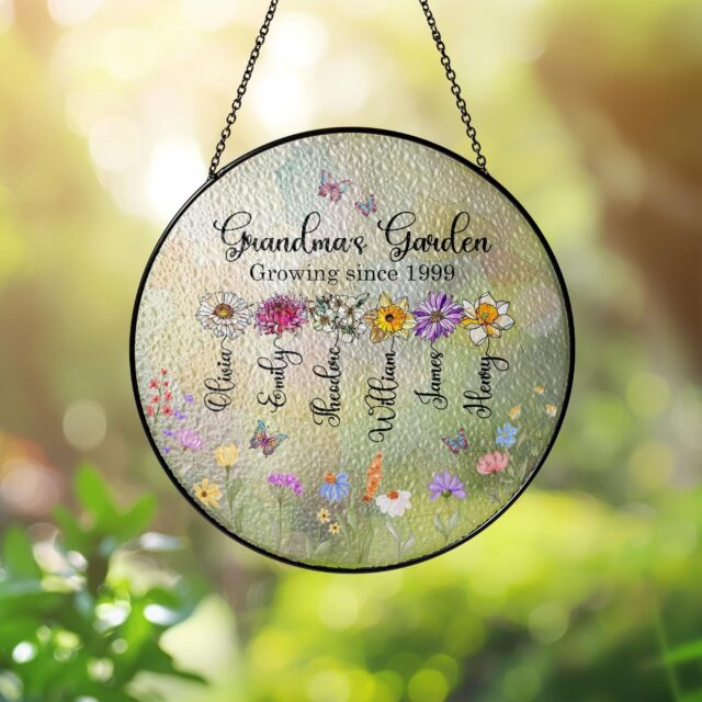 Personalized Birth Month Flowers Stained Glass Suncatcher – Custom Grandma’s Garden Gift