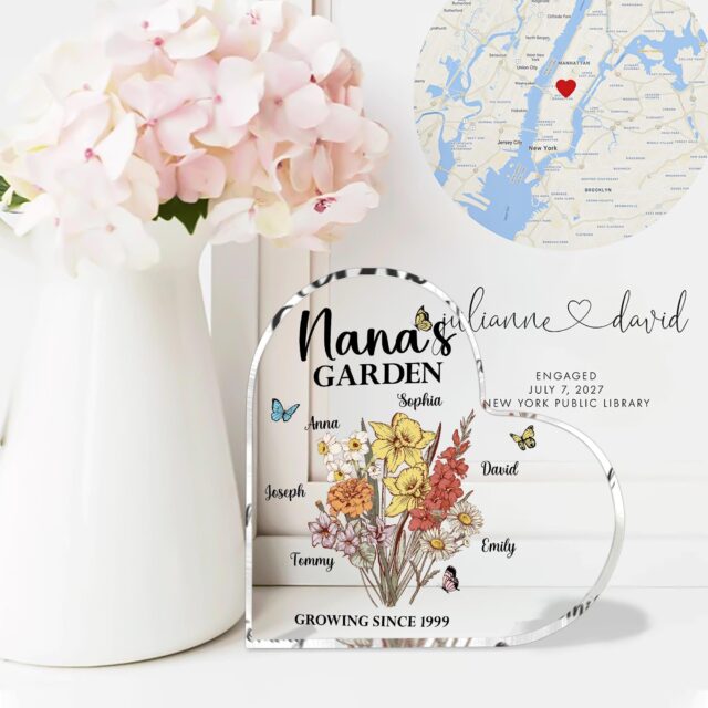 Personalized Nana’s Garden Heart Acrylic Plaque – Birth Month Flowers Gift