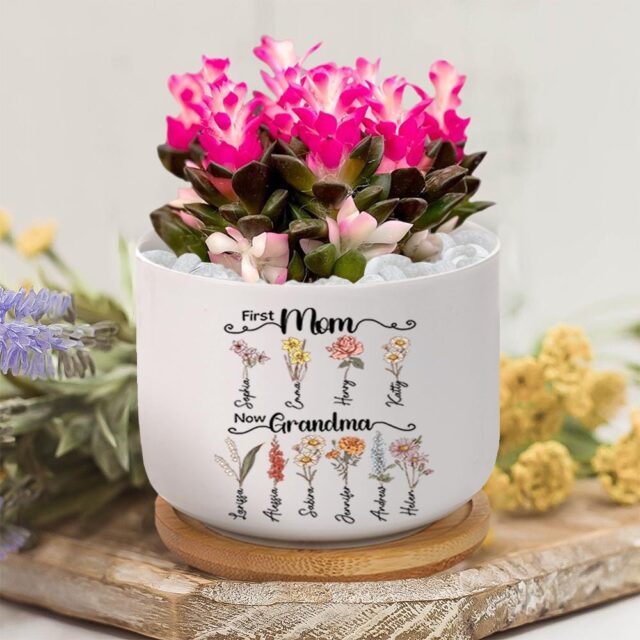First Mom Now Grandma Gift – Custom Birth Month Flowers Grandma Plant Pot
