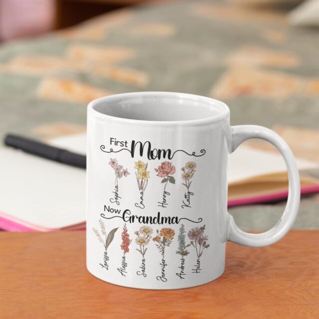 First Mom Now Grandma Gift – Custom Birth Month Flowers Grandma Plant Pot