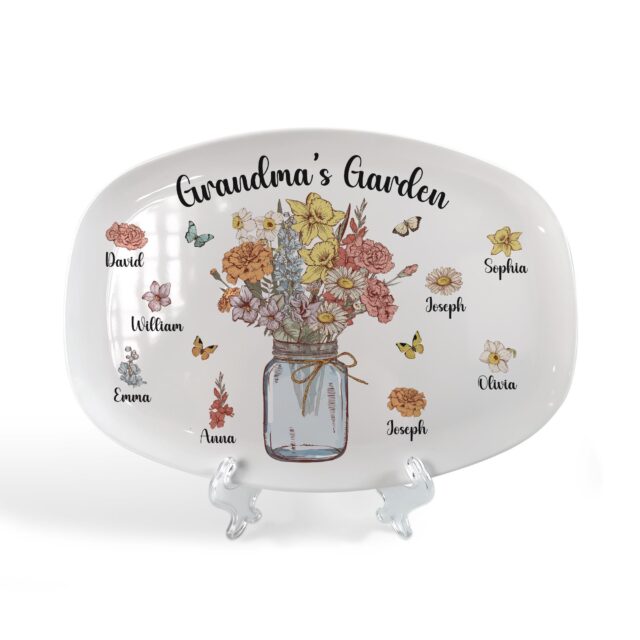 Custom Birth Month Flowers Grandma Plate – Personalized Family Platter for Mother’s Day