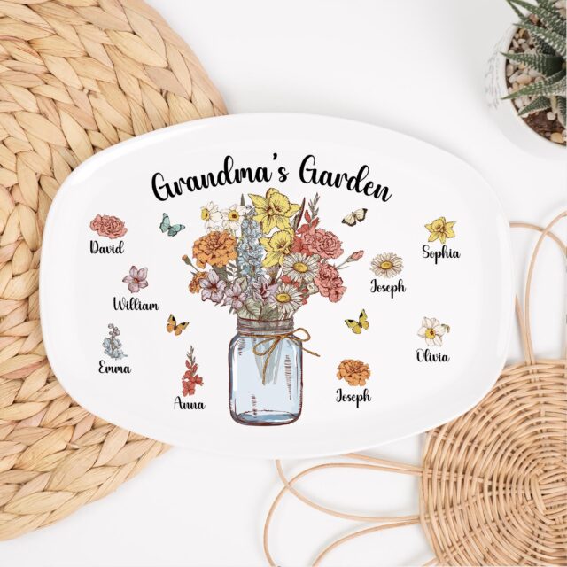 Custom Birth Month Flowers Grandma Plate – Personalized Family Platter for Mother’s Day