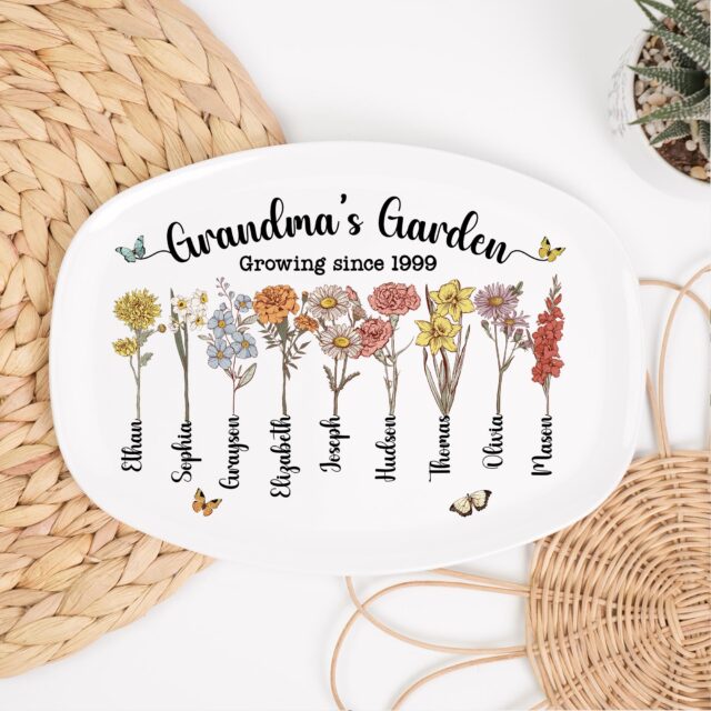 Custom Birth Month Flower Grandma’s Garden Plate – Personalized Grandma Platter for Mother’s Day