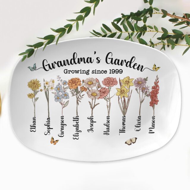 Custom Birth Month Flower Grandma’s Garden Plate – Personalized Grandma Platter for Mother’s Day