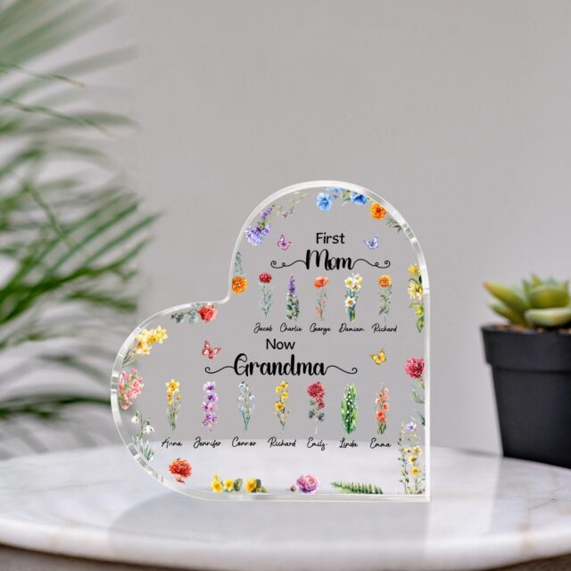 First Mom Now Grandma Heart Acrylic Plaque – Custom Birth Month Flower Gift for Grandma