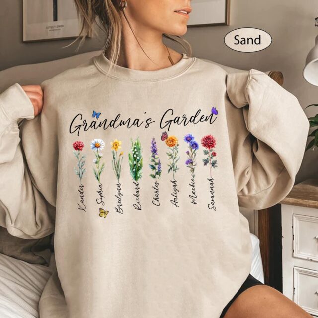 Grandma’s Garden Shirt – Custom Birth Month Flowers & Grandkids’ Names for Mother’s Day