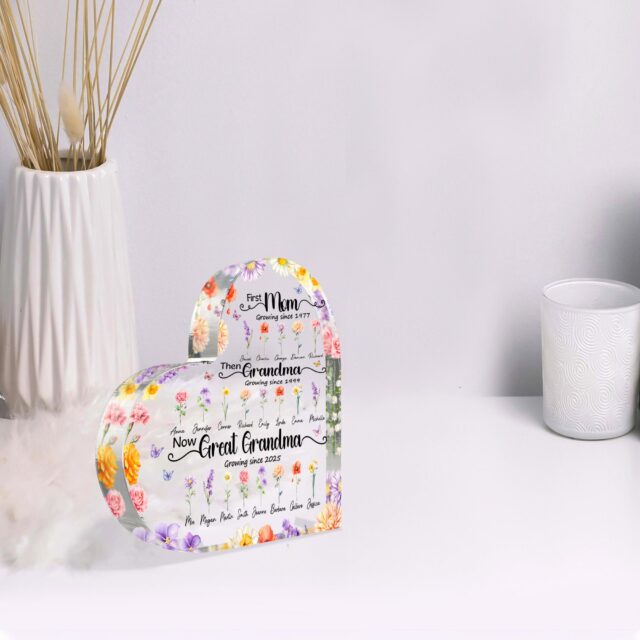 Custom Birth Month Flowers Heart Acrylic Plaque for Great Grandmother – Mother’s Day Gift