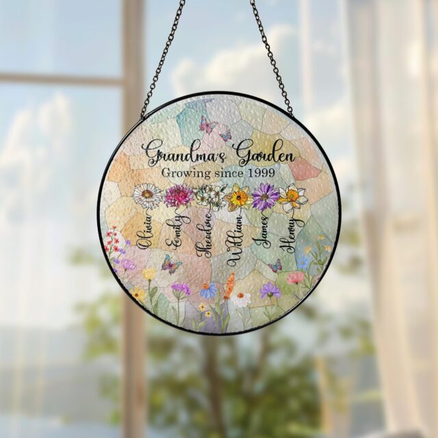 Personalized Birth Month Flowers Stained Glass Suncatcher – Custom Grandma’s Garden Gift
